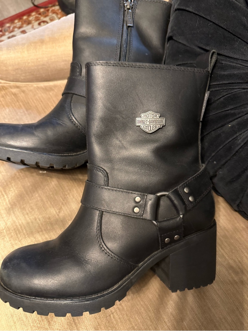 Harley-Davidson Black Leather Block Heel Harness Boots
